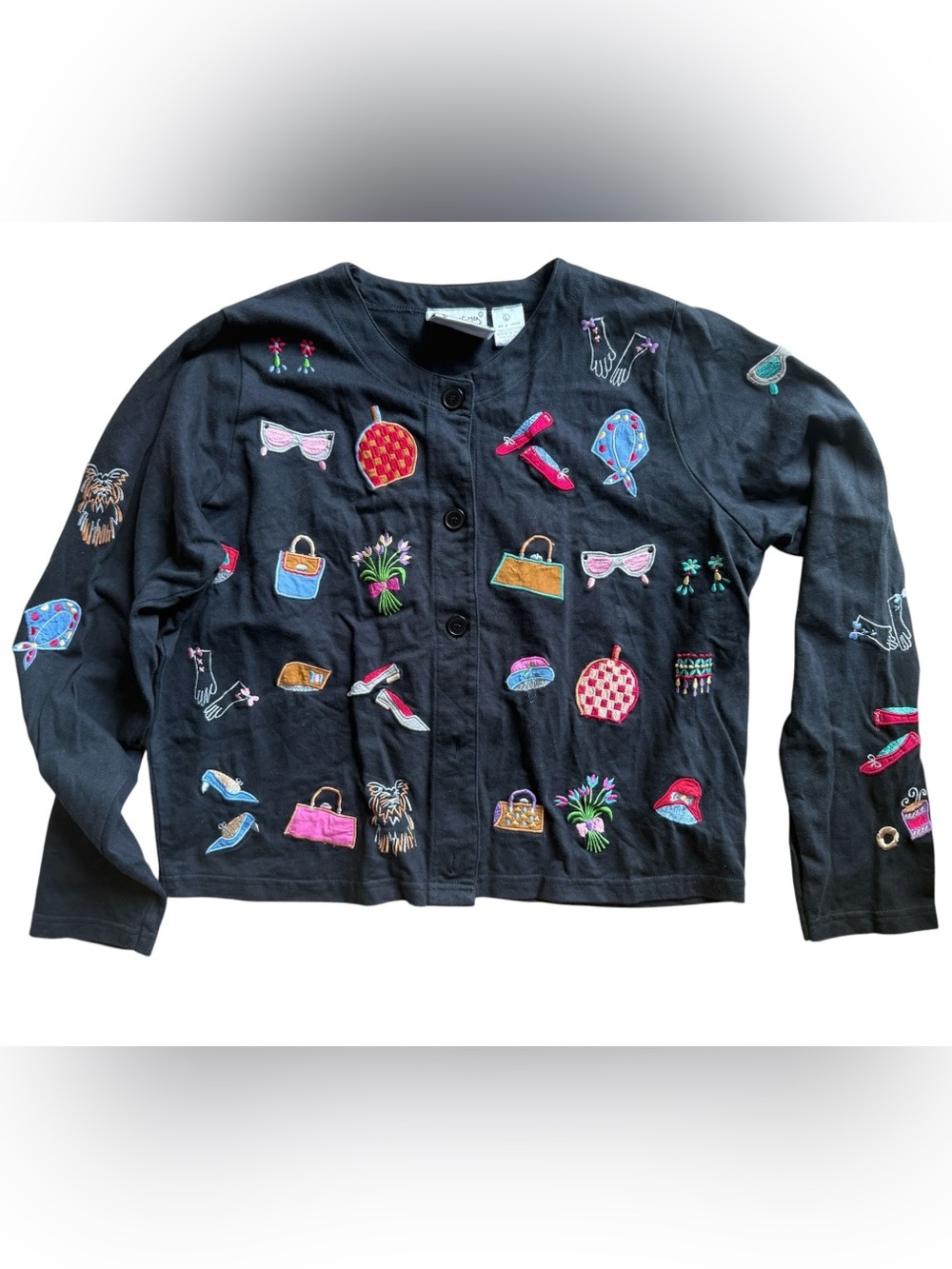 Vintage Michael Simon Black Cardigan with Red and Gold Embroidered Icons